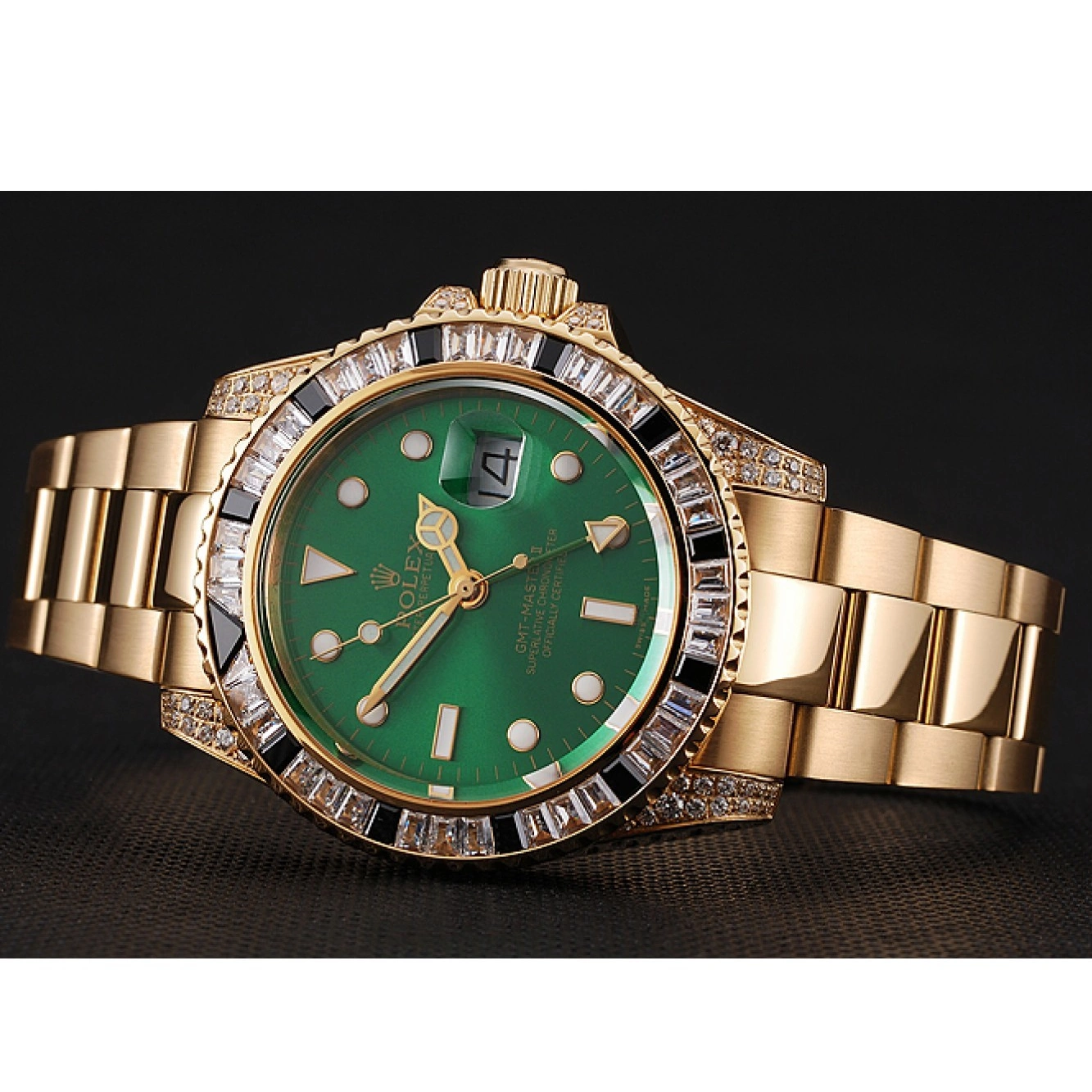 Best AAA Replica Sites Stone Dial And Master Case Swiss Bracelet Gold Green Rolex GMT II 1453748 Bezel Set 0610